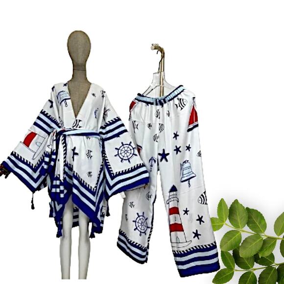 Unisex Elastic Silk Bohemian Print 2-Piece White &‎ Blue Outfit Set - Picture 1 of 1